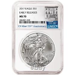 Lot of 10 2017 $1 American Silver Eagle NGC MS70 225th Anniversary ER Label