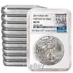 Lot of 10 2017 $1 American Silver Eagle NGC MS70 225th Anniversary FDI Label