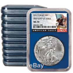 Lot of 10 2017 $1 American Silver Eagle NGC MS70 FDI Black Label Blue Core