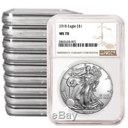 Lot of 10 2018 $1 American Silver Eagle NGC MS70 Brown Label