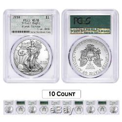 Lot of 10 2018 1 oz Silver American Eagle $1 Coin PCGS MS 70 FS (Doily)