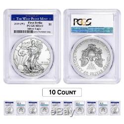 Lot of 10 2019 (W) 1 oz Silver American Eagle $1 PCGS MS 69 FS (West Point)