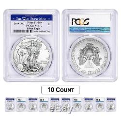 Lot of 10 2019 (W) 1 oz Silver American Eagle $1 PCGS MS 70 FS (West Point)
