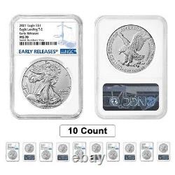 Lot of 10 2021 1 oz Silver American Eagle Type 2 NGC MS 70 ER