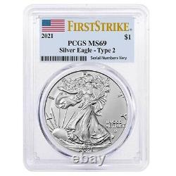 Lot of 10 2021 1 oz Silver American Eagle Type 2 PCGS MS 69 FS (Flag Label)
