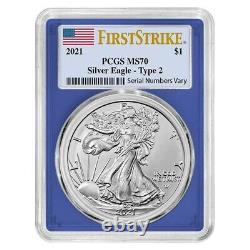 Lot of 10 2021 1 oz Silver American Eagle Type 2 PCGS MS 70 FS (Blue Frame)