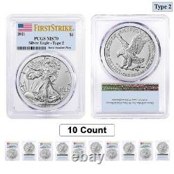 Lot of 10 2021 1 oz Silver American Eagle Type 2 PCGS MS 70 FS (Flag Label)