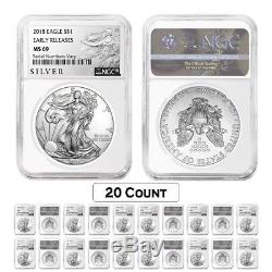 Lot of 20 2018 1 oz Silver American Eagle $1 Coin NGC MS 69 ER (Liberty Label)