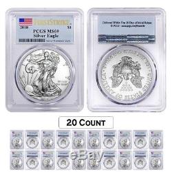 Lot of 20 2018 1 oz Silver American Eagle $1 Coin PCGS MS 69 FS (Flag Label)