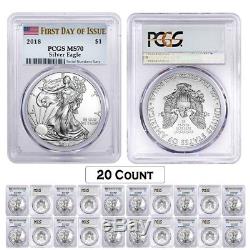 Lot of 20 2018 1 oz Silver American Eagle $1 Coin PCGS MS 70 FDOI