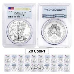 Lot of 20 2020 1 oz Silver American Eagle $1 Coin PCGS MS 69 FS (Flag Label)