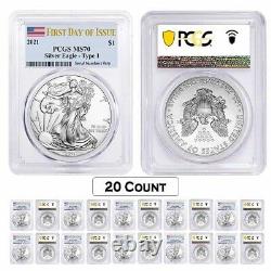 Lot of 20 2021 1 oz Silver American Eagle Coin PCGS MS 70 First Day of Issue