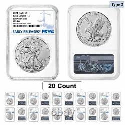 Lot of 20 2021 1 oz Silver American Eagle Type 2 NGC MS 70 ER