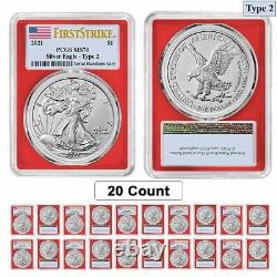 Lot of 20 2021 1 oz Silver American Eagle Type 2 PCGS MS 70 FS (Red Frame)