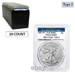 Lot of 20 2021 (W) 1 oz Silver American Eagle Type 2 PCGS MS 69 FS West Point