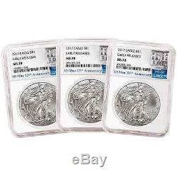 Lot of 3 2017 $1 American Silver Eagle NGC MS70 Early Releases 225th Ann. ER L