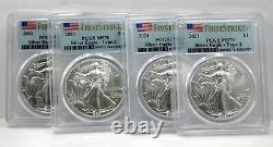 Lot of 4, 2021 Type 2 American Silver Eagles, PCGS First Strike Graded MS70