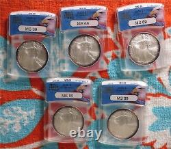 Lot of 5 2006 American Silver Eagle 1 oz. 999 Silver Coins MS69 Sequential