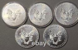 Lot of 5 2014 & 16 1 oz American MS Silver Eagle GEM BU $1 Coins 999 Fine Silver