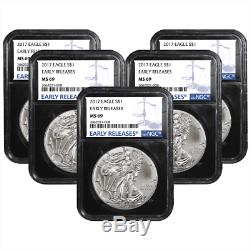 Lot of 5 2017 $1 American Silver Eagle NGC MS69 Blue ER Label Retro Core