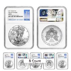 Lot of 5 2017 1 oz Silver American Eagle $1 Coin NGC MS 70 First Day of Issue