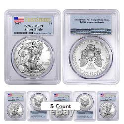 Lot of 5 2017 1 oz Silver American Eagle $1 Coin PCGS MS 69 First Strike Flag