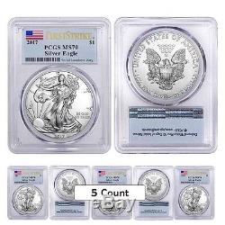 Lot of 5 2017 1 oz Silver American Eagle $1 Coin PCGS MS 70 First Strike Flag