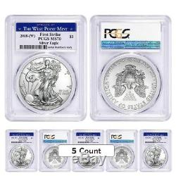 Lot of 5 2018 (W) 1 oz Silver American Eagle $1 Coin PCGS MS 70 FS West Point
