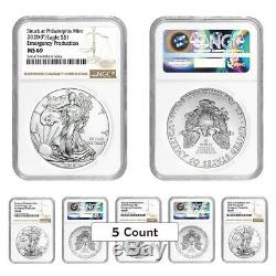 Lot of 5 2020 (P) 1 oz Silver American Eagle NGC MS 69 Emergency Production