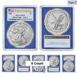 Lot of 5 2021 1 oz Silver American Eagle Type 2 PCGS MS 70 FS (Blue Frame)
