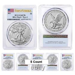 Lot of 5 2021 1 oz Silver American Eagle Type 2 PCGS MS 70 FS (Flag Label)