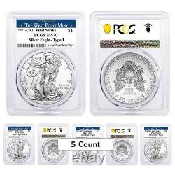 Lot of 5 2021 (W) 1 oz Silver American Eagle $1 Coin PCGS MS 70 FS West Point