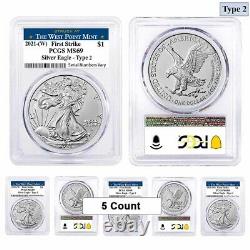 Lot of 5 2021 (W) 1 oz Silver American Eagle Type 2 PCGS MS 69 FS (West Point)