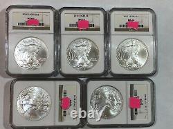 (Lot of 5) NGC certified MS69 2010 American SILVER Eagle coins. All mildly toned
