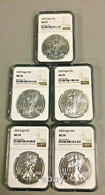 Lot of 5 Silver 2020 MS 70 American Eagle 1 oz. Brown Label. 999 fine NGC Coins
