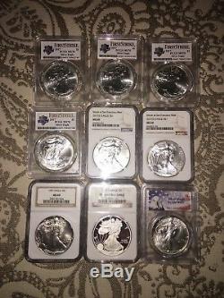 Lot of 9 Oz US American Silver Eagles Mixed Dates PCGS NGC PROOF 70 MS 70 Look