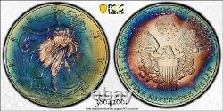 MS68 2007 $ ASE Silver Eagle Dollar, PCGS Trueview- Vivid Blue Green Toned