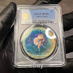 MS68 2007 $ ASE Silver Eagle Dollar, PCGS Trueview- Vivid Blue Green Toned