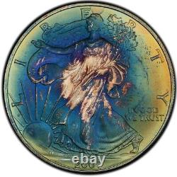 MS68 2007 $ ASE Silver Eagle Dollar, PCGS Trueview- Vivid Blue Green Toned