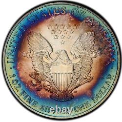 MS68 2007 $ ASE Silver Eagle Dollar, PCGS Trueview- Vivid Blue Green Toned