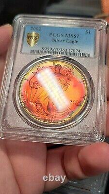 Monster Rainbow Toned 2002 $1 American Silver Eagle Pcgs Gold Shield Ms67