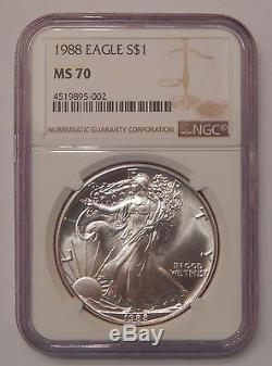 NGC MS70 1988 US American Silver Eagle ASE. 999 Fine Key Date Perfect Grade NR