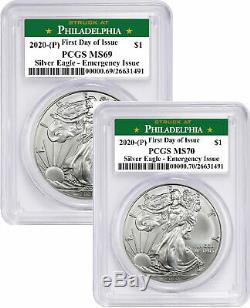 Pair of 2020 (P) $1 American Silver Eagles PCGS MS70 / MS69 Emergency Issue FDOI