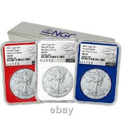 Presale 2021 $1 American Silver Eagle 3pc. Set NGC MS70 FDI ALS Label Red Whit