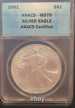 RARE 2001 ANACS MS70 American Silver Eagle S$1 Classic Blue Label