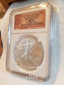 Rare 2013(S) American Silver Eagle 1st Rel, NGC MS70. Low pop