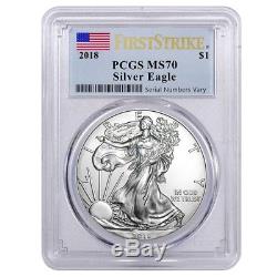 Sale Price-Lot of 5 2018 1 oz Silver American Eagle $1 Coin PCGS MS 70 FS Flag