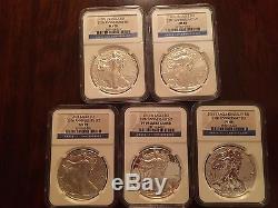 Silver American Eagle, 2011, 5 Piece, MS70/MS69/PF69 NGC, 25th Anniversary Set