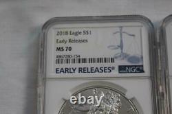 Silver American Eagle Dollar 2018 Early Releases Graded NGC MS 70 Lot Of 6