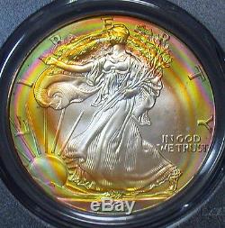 Spectacular 1998 PCGS MS67 Superb Gem Rainbow Target Toned American Silver Eagle